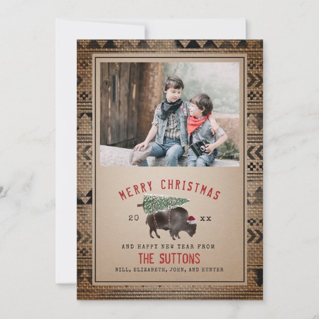 Buffalo Bison Merry Christmas Tree Burlap Photo Holiday Card (Front)