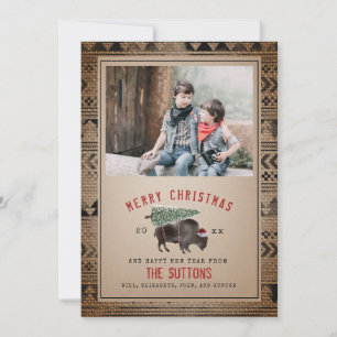 Buffalo Bison Merry Christmas Tree Burlap Photo Holiday Card