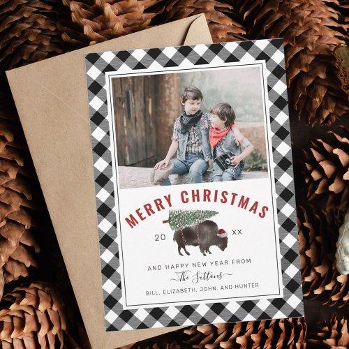 Buffalo Bison Merry Christmas Tree Plaid Photo  Holiday Card