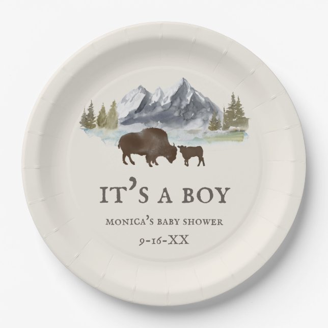 Buffalo Bison Mountains Baby Shower Paper Plates (Front)