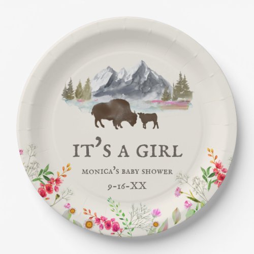 Buffalo Bison Mountains Girl Baby Shower Paper Plates