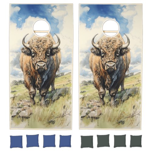 Buffalo Bison on the Prairie Wild Watercolor Cornhole Set