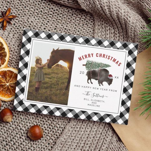 Buffalo Bison Plaid Merry Christmas Tree Photo Holiday Card