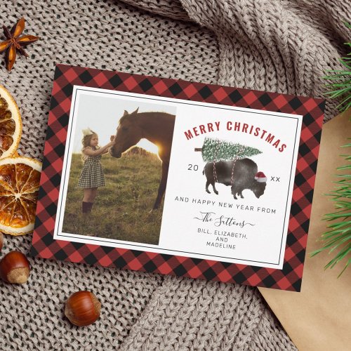Buffalo Bison Plaid Red Plaid Christmas Photo Holiday Card