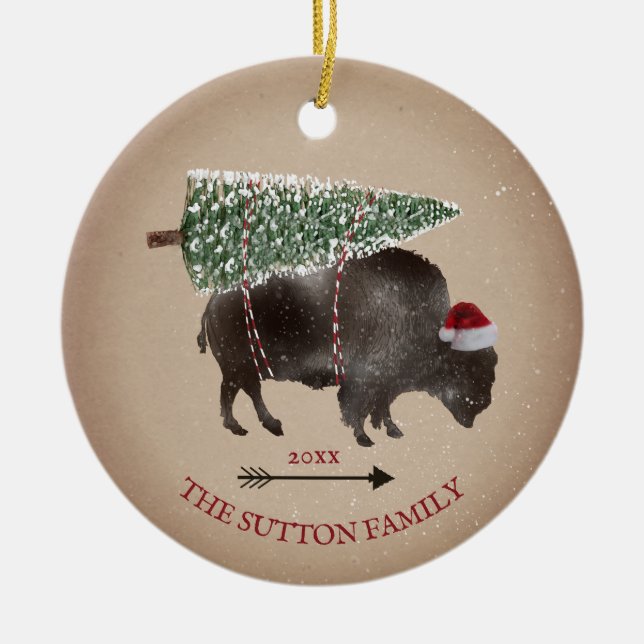 Buffalo Bison Santa Arrow Snow Christmas Tree Ceramic Ornament (Front)