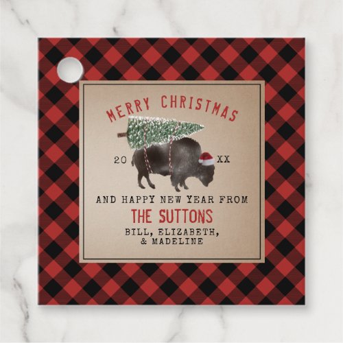 Buffalo Bison Santa Christmas Tree Rustic Plaid Favor Tags