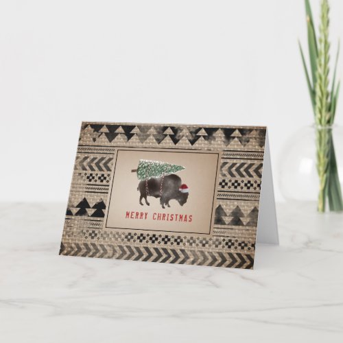 Buffalo Bison Santa Merry Christmas Tree Burlap Holiday Card