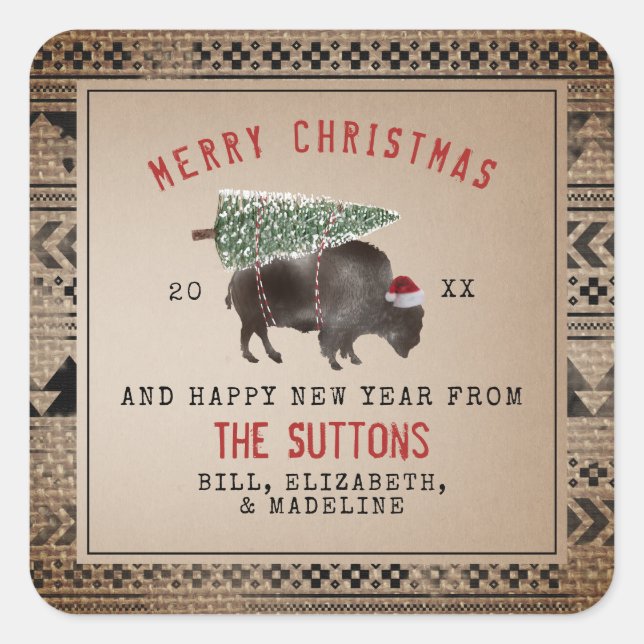 Buffalo Bison Santa Merry Christmas Tree Burlap Square Sticker (Front)