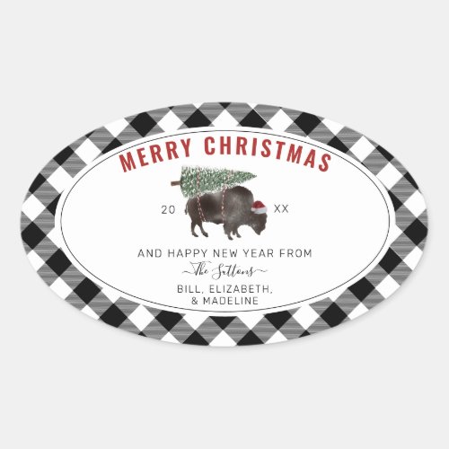 Buffalo Bison Santa Merry Christmas Tree Plaid Oval Sticker