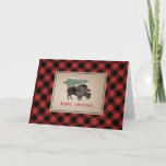 Buffalo Bison Santa Merry Christmas Tree Rustic Holiday Card<br><div class="desc">Illustration of a buffalo wearing a santa hat with a snow covered Christmas tree tied to its back.  Border is red and black buffalo plaid pattern.</div>