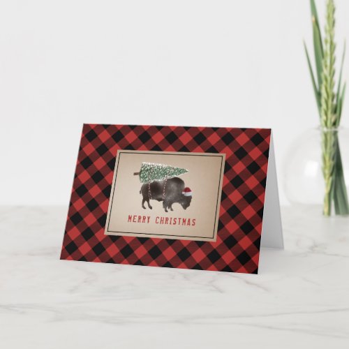 Buffalo Bison Santa Merry Christmas Tree Rustic Holiday Card