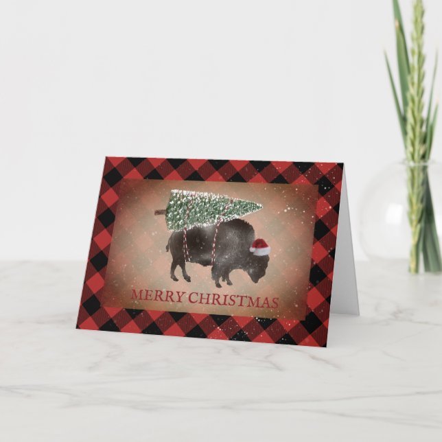 Buffalo Bison Santa Snow Merry Christmas Plaid Holiday Card (Front)