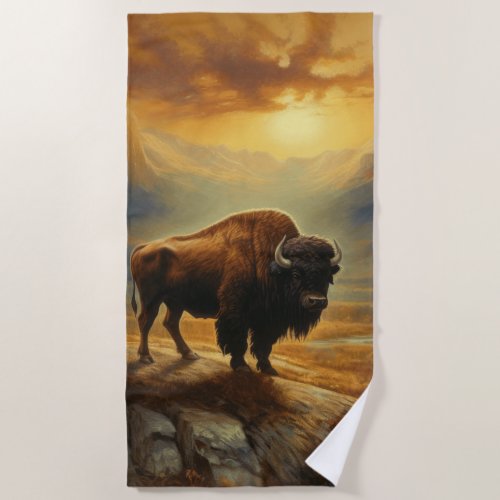 Buffalo Bison Sunset Silhouette Beach Towel