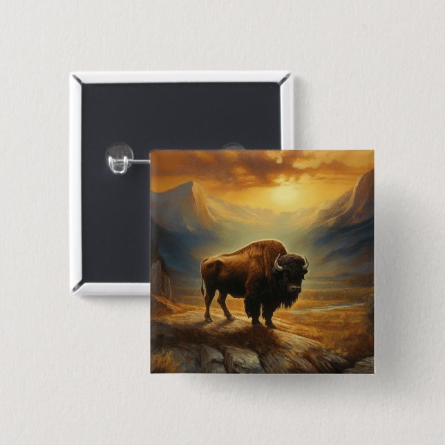 Buffalo Bison Sunset Silhouette  Button (Front & Back)
