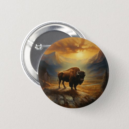 Buffalo Bison Sunset Silhouette  Button
