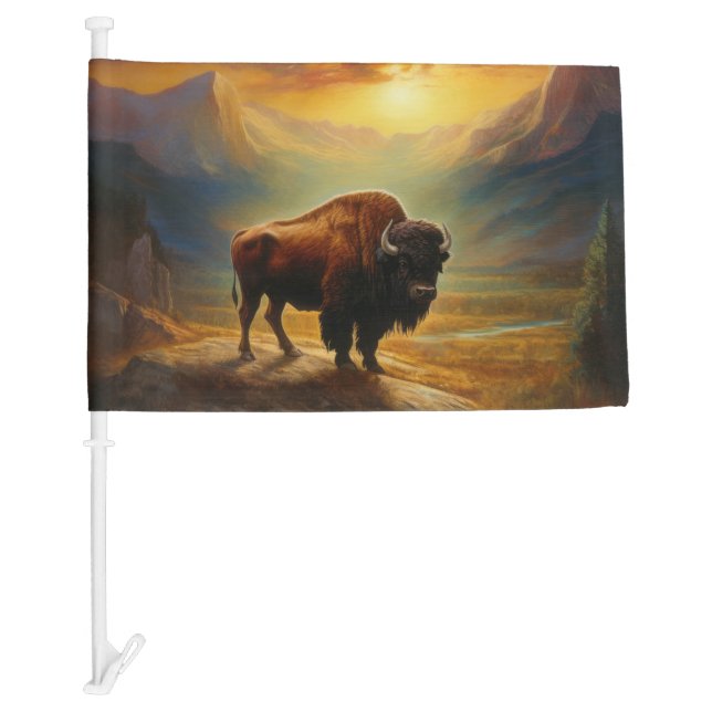 Buffalo Bison Sunset Silhouette Car Flag (Front)