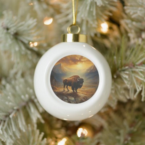Buffalo Bison Sunset Silhouette  Ceramic Ball Christmas Ornament