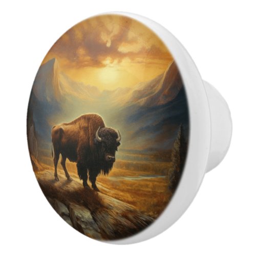 Buffalo Bison Sunset Silhouette Ceramic Knob