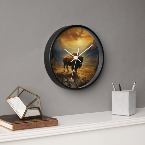 Buffalo Bison Sunset Silhouette  Clock