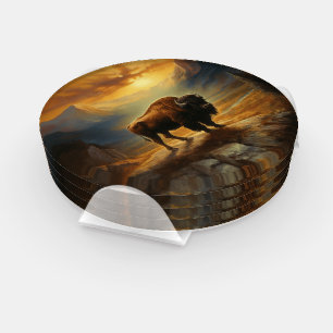 Buffalo Bison Sunset Silhouette Coaster Set