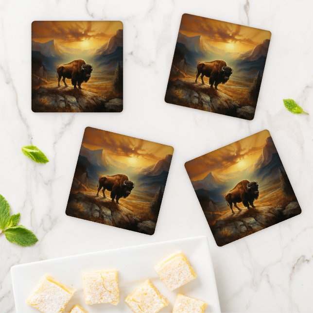 Buffalo Bison Sunset Silhouette  Coaster Set (In Situ)