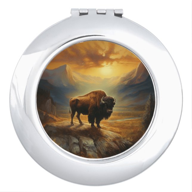 Buffalo Bison Sunset Silhouette Compact Mirror (Front)