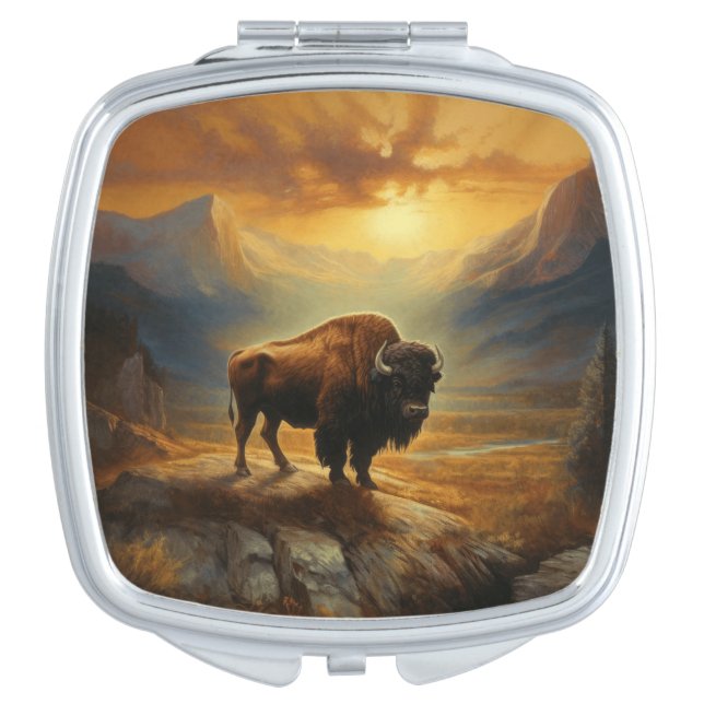 Buffalo Bison Sunset Silhouette Compact Mirror (Front)