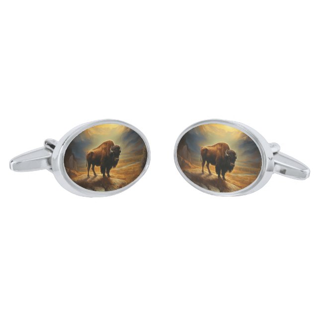 Buffalo Bison Sunset Silhouette  Cufflinks (Angled)