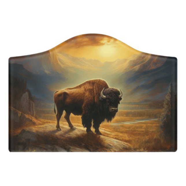 Buffalo Bison Sunset Silhouette Door Sign (Small Crest Front)