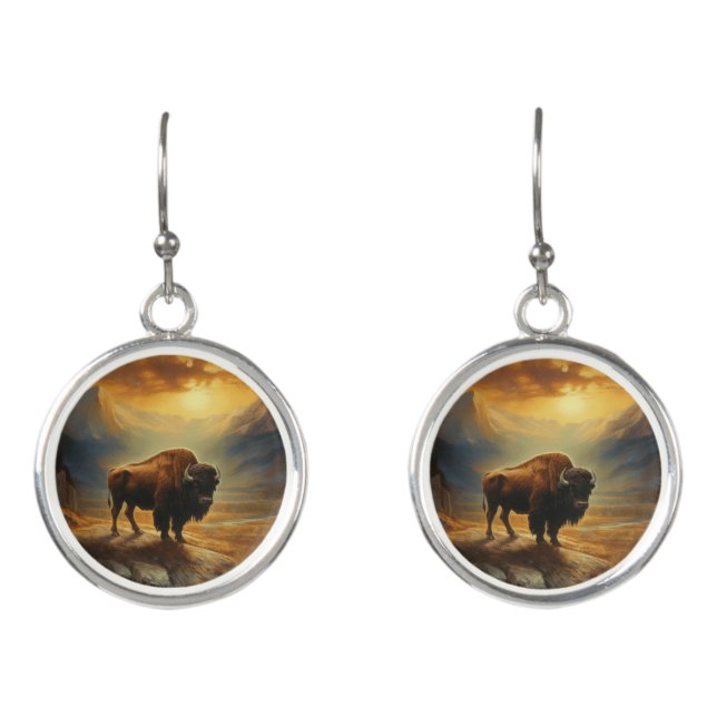 Buffalo Bison Sunset Silhouette  Earrings (Front)