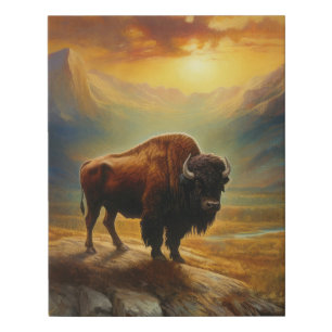 Buffalo Bison Sunset Silhouette Faux Canvas Print