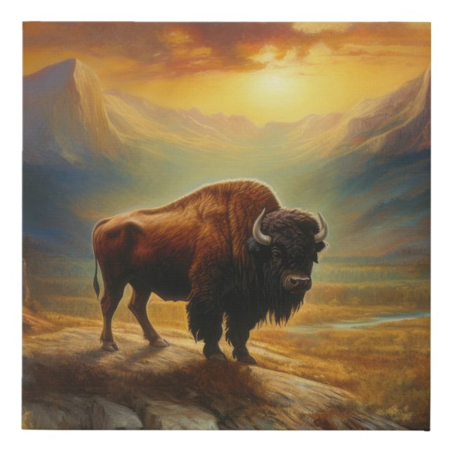 Buffalo Bison Sunset Silhouette Faux Canvas Print (Front)