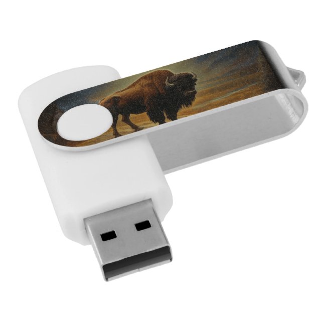 Buffalo Bison Sunset Silhouette  Flash Drive (Angled)