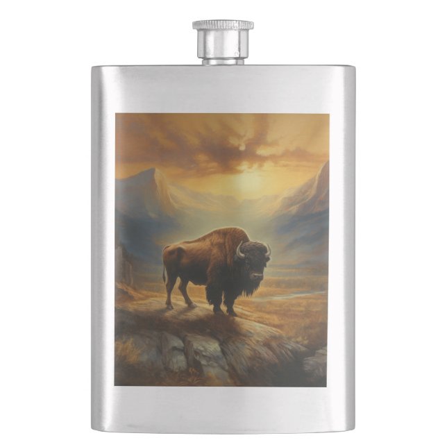 Buffalo Bison Sunset Silhouette  Flask (Front)
