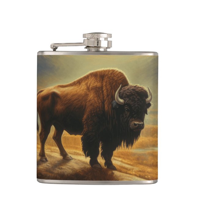 Buffalo Bison Sunset Silhouette  Flask (Front)