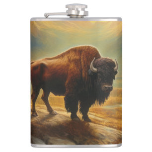Buffalo Bison Sunset Silhouette Flask