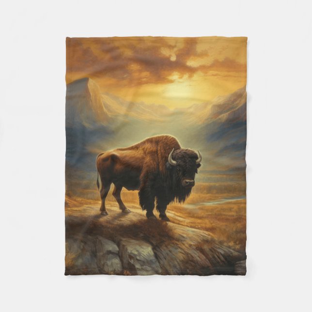 Buffalo Bison Sunset Silhouette Fleece Blanket (Front)