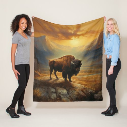 Buffalo Bison Sunset Silhouette Fleece Blanket