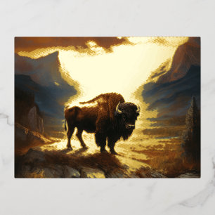 Buffalo Bison Sunset Silhouette Foil Holiday Postcard