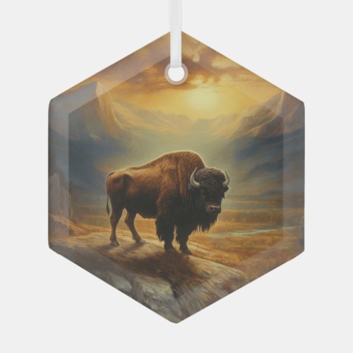 Buffalo Bison Sunset Silhouette  Glass Ornament