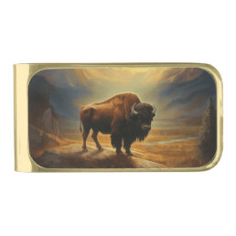 Buffalo Bison Sunset Silhouette Gold Finish Money Clip