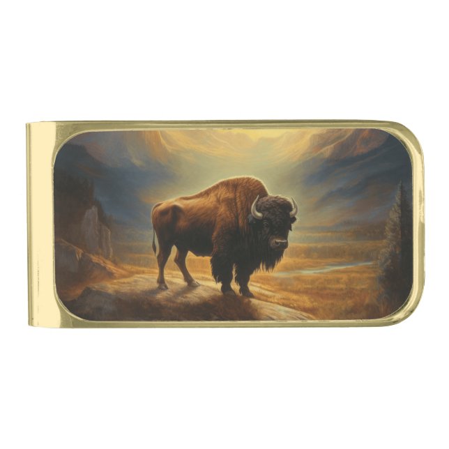 Buffalo Bison Sunset Silhouette Gold Finish Money Clip (Front)