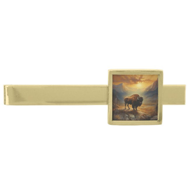 Buffalo Bison Sunset Silhouette  Gold Finish Tie Bar (Front)