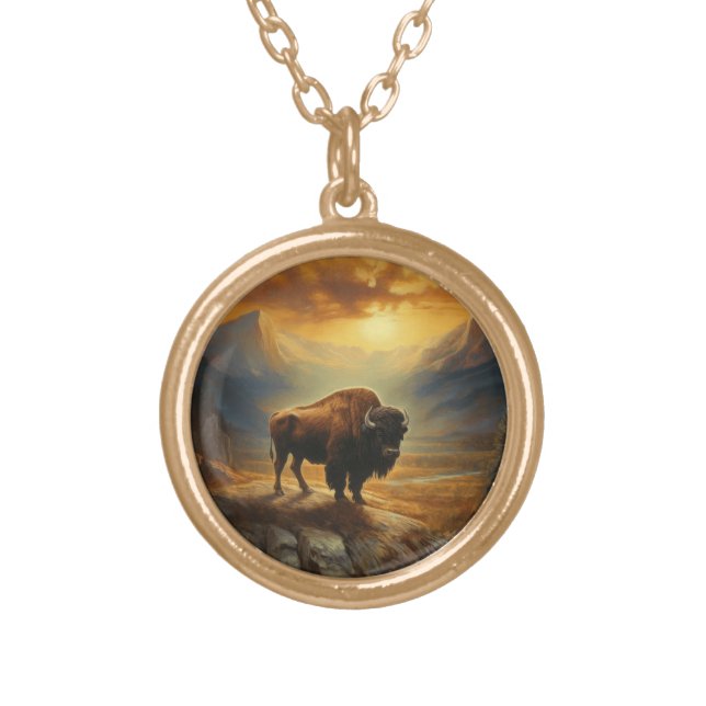 Buffalo Bison Sunset Silhouette  Gold Plated Necklace (Front)