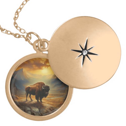 Buffalo Bison Sunset Silhouette  Gold Plated Necklace