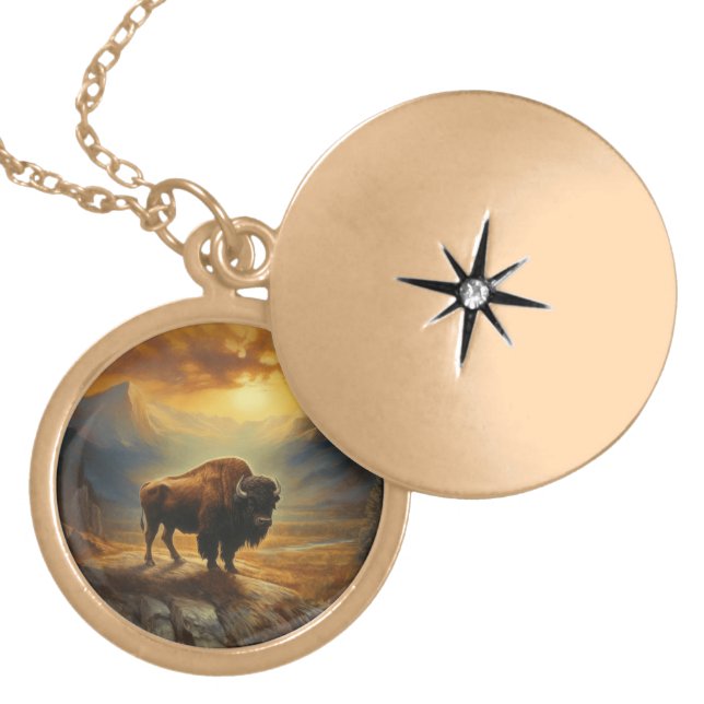 Buffalo Bison Sunset Silhouette  Gold Plated Necklace (Front)