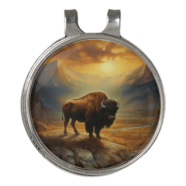 Buffalo Bison Sunset Silhouette Golf Hat Clip (Front)