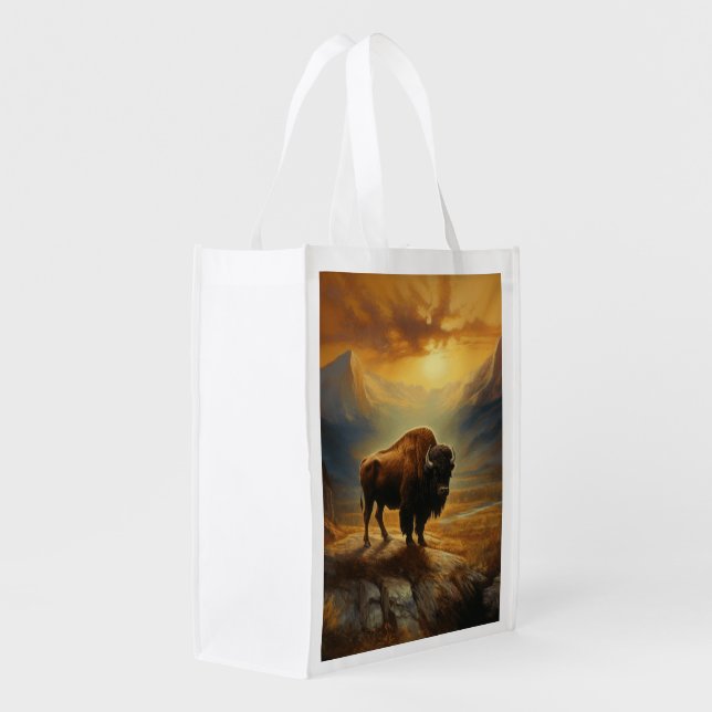 Buffalo Bison Sunset Silhouette  Grocery Bag (Back Side)