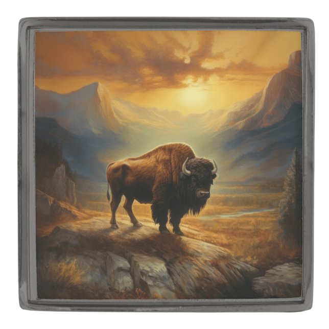 Buffalo Bison Sunset Silhouette  Gunmetal Finish Lapel Pin (Front)