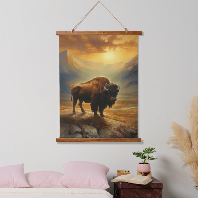 Buffalo Bison Sunset Silhouette  Hanging Tapestry (Bedroom)